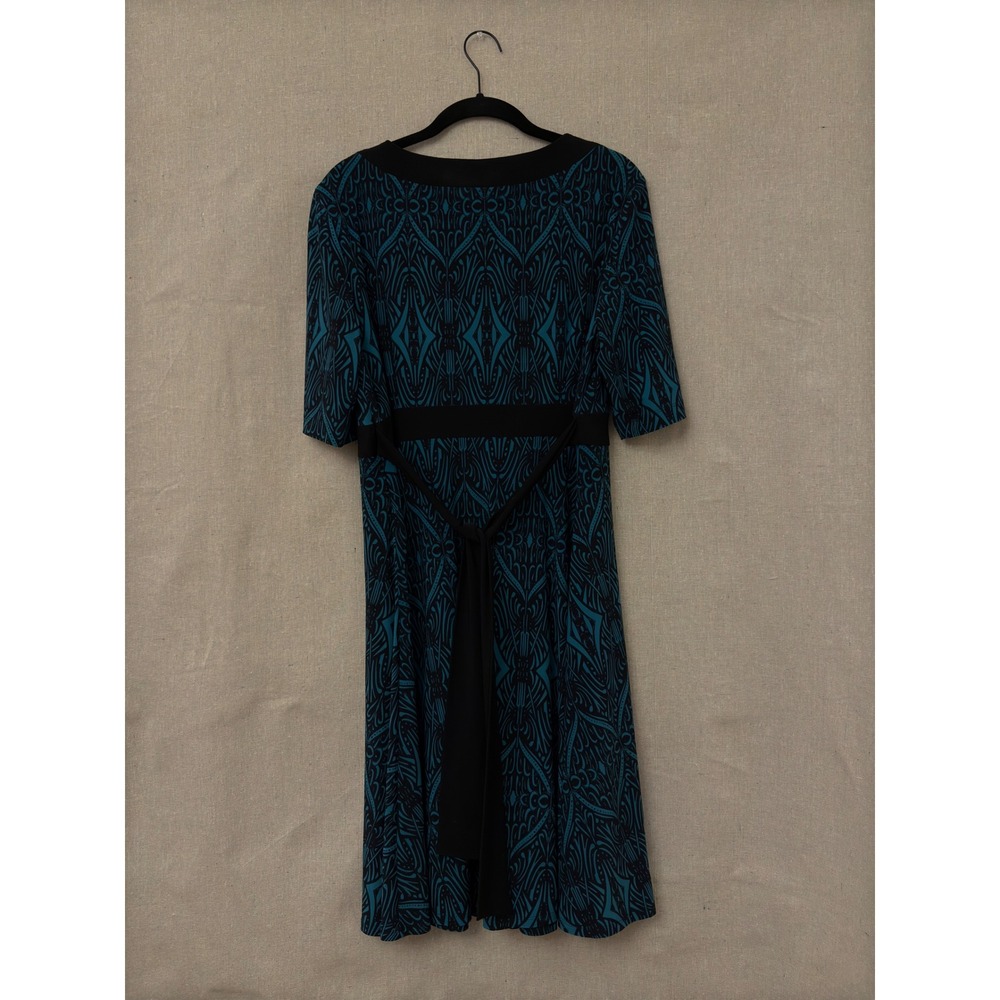 Evan-Picone Teal Black Geometric Faux Wrap Empire Waist Dress Womens 14 - Picture 2 of 5